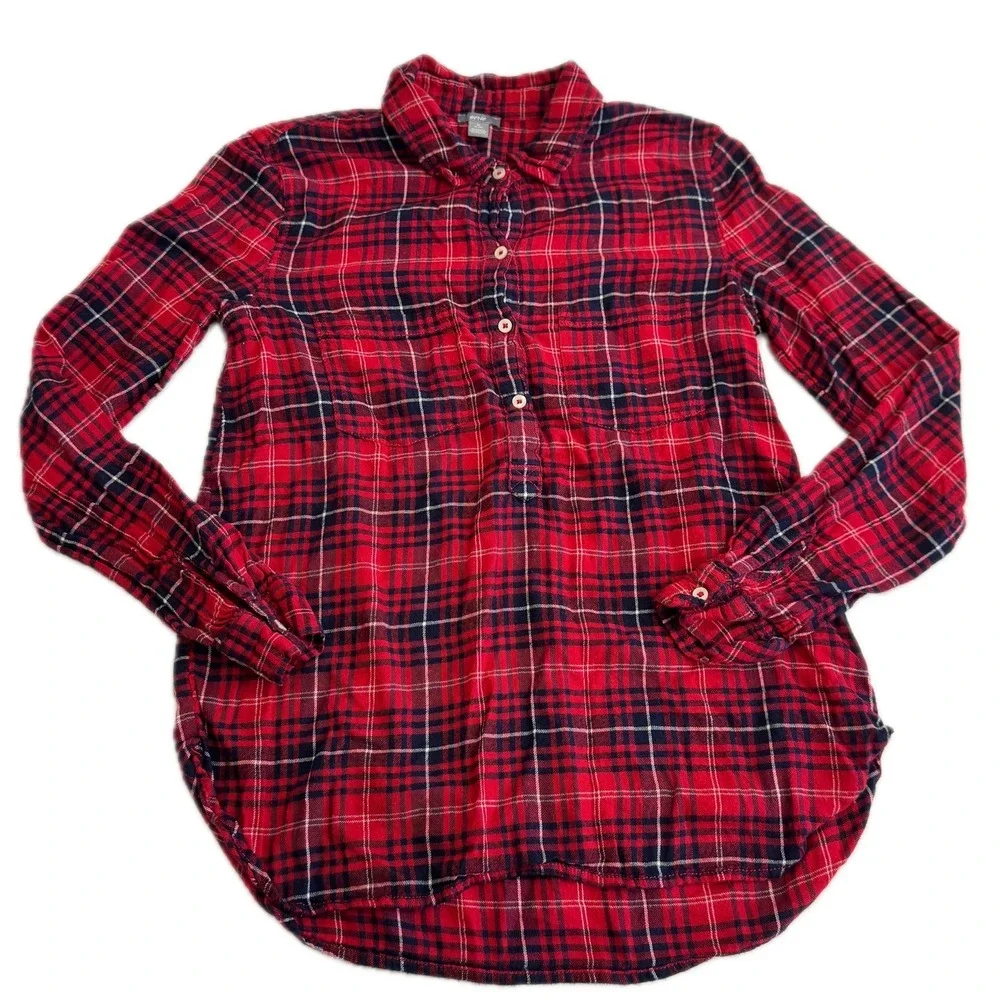 Aerie Shirt Women XS Red Tartan Plaid Henley Flannel Tunic Popover